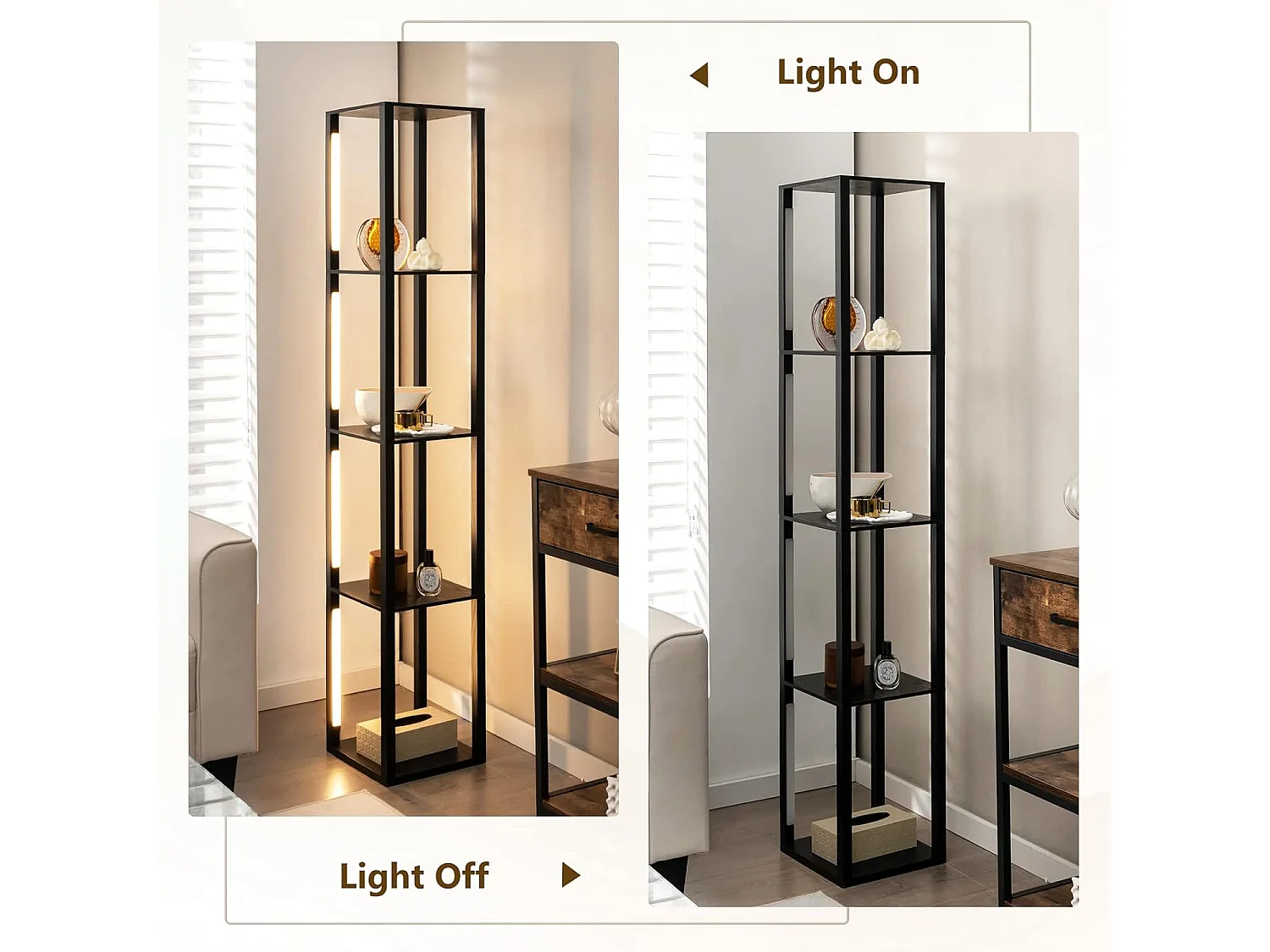 Lampadaire salon 163cm avec 4 étagères ampoules led à 3 intensités variable