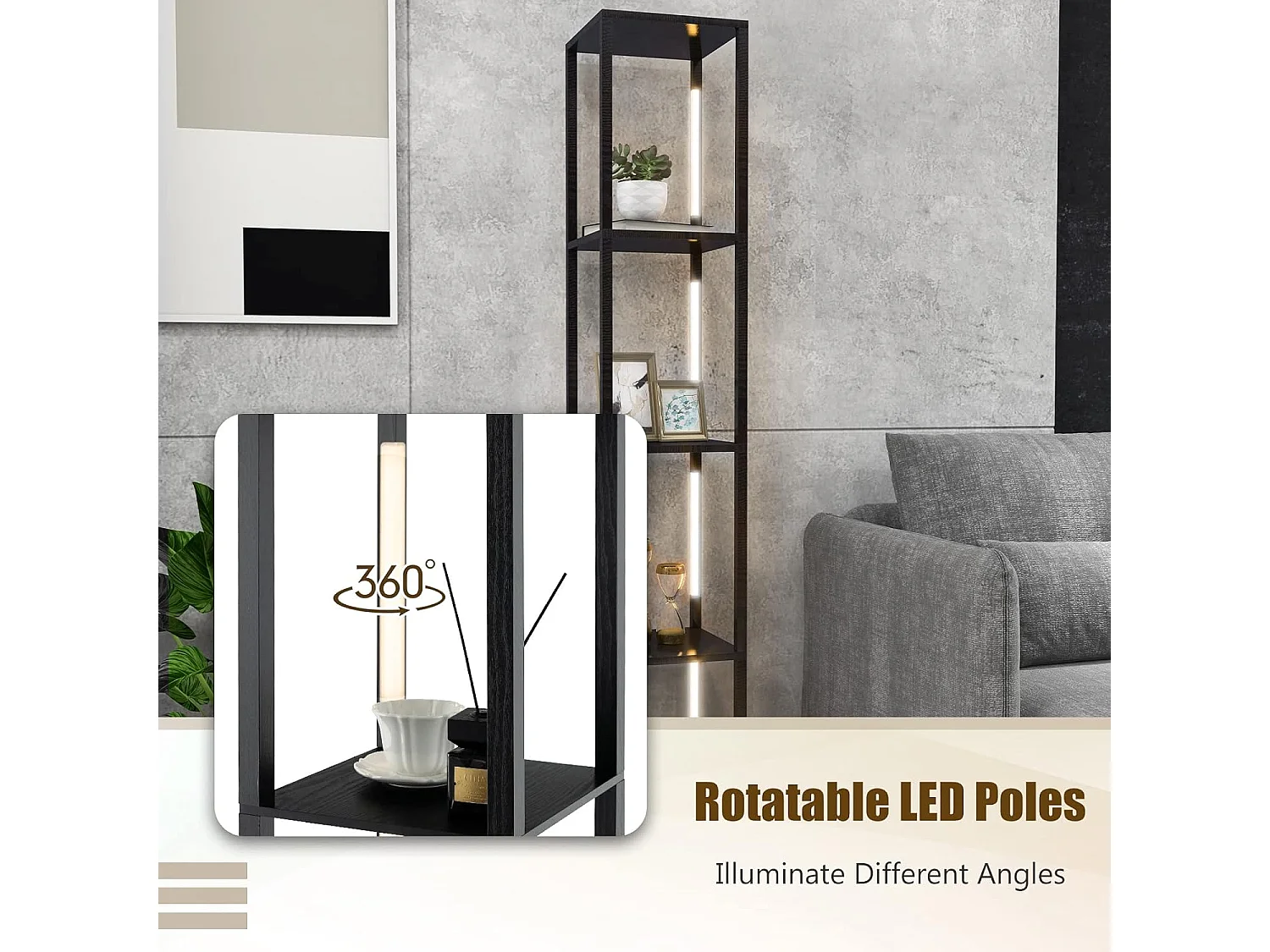 Lampadaire salon 163cm avec 4 étagères ampoules led à 3 intensités variable