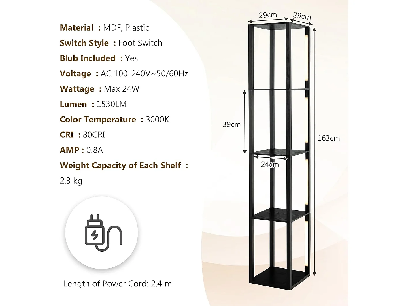 Lampadaire salon 163cm avec 4 étagères ampoules led à 3 intensités variable