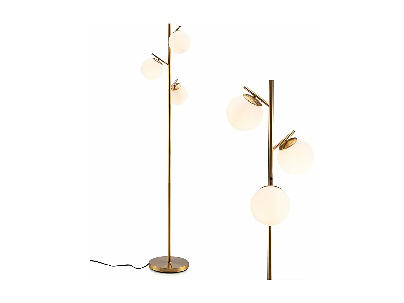 Lampadaire à 3 globes, lampe avec interrupteur à pied et poteau métallique, doré