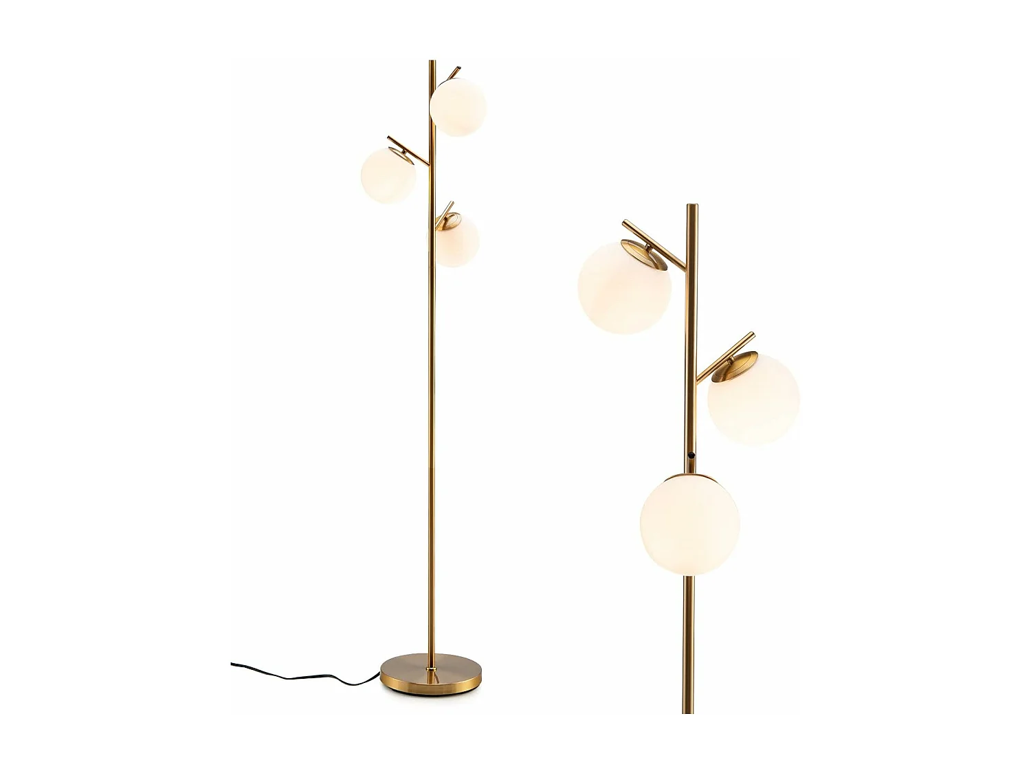 Lampadaire à 3 globes, lampe avec interrupteur à pied et poteau métallique, doré