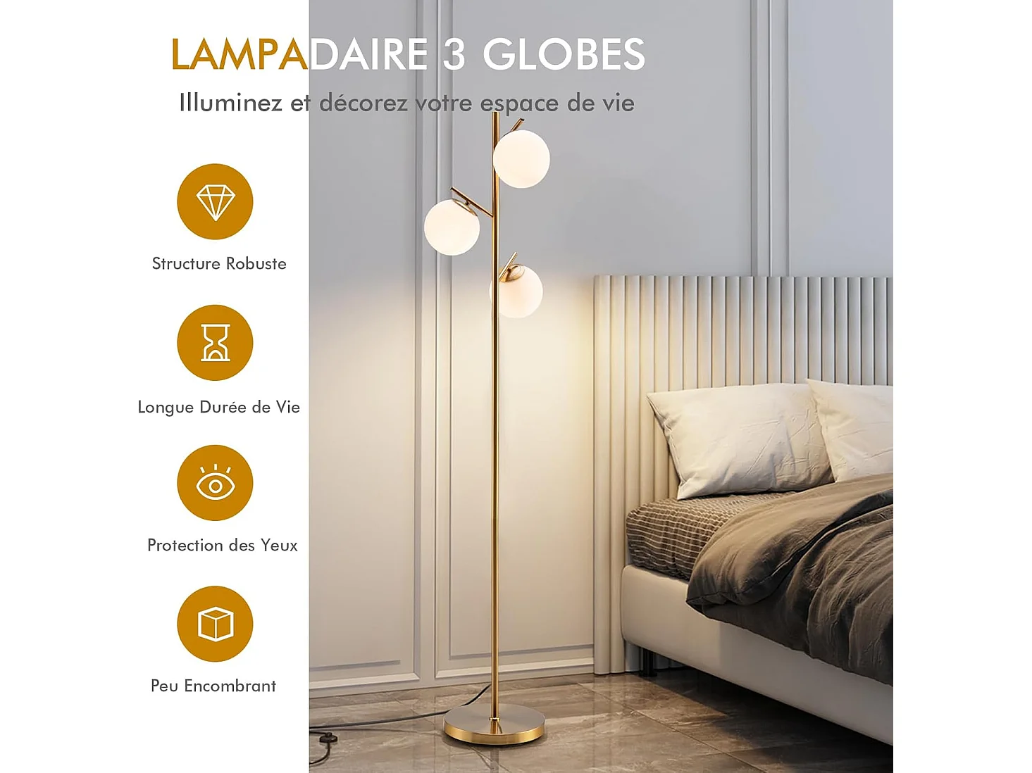 Lampadaire à 3 globes, lampe avec interrupteur à pied et poteau métallique, doré