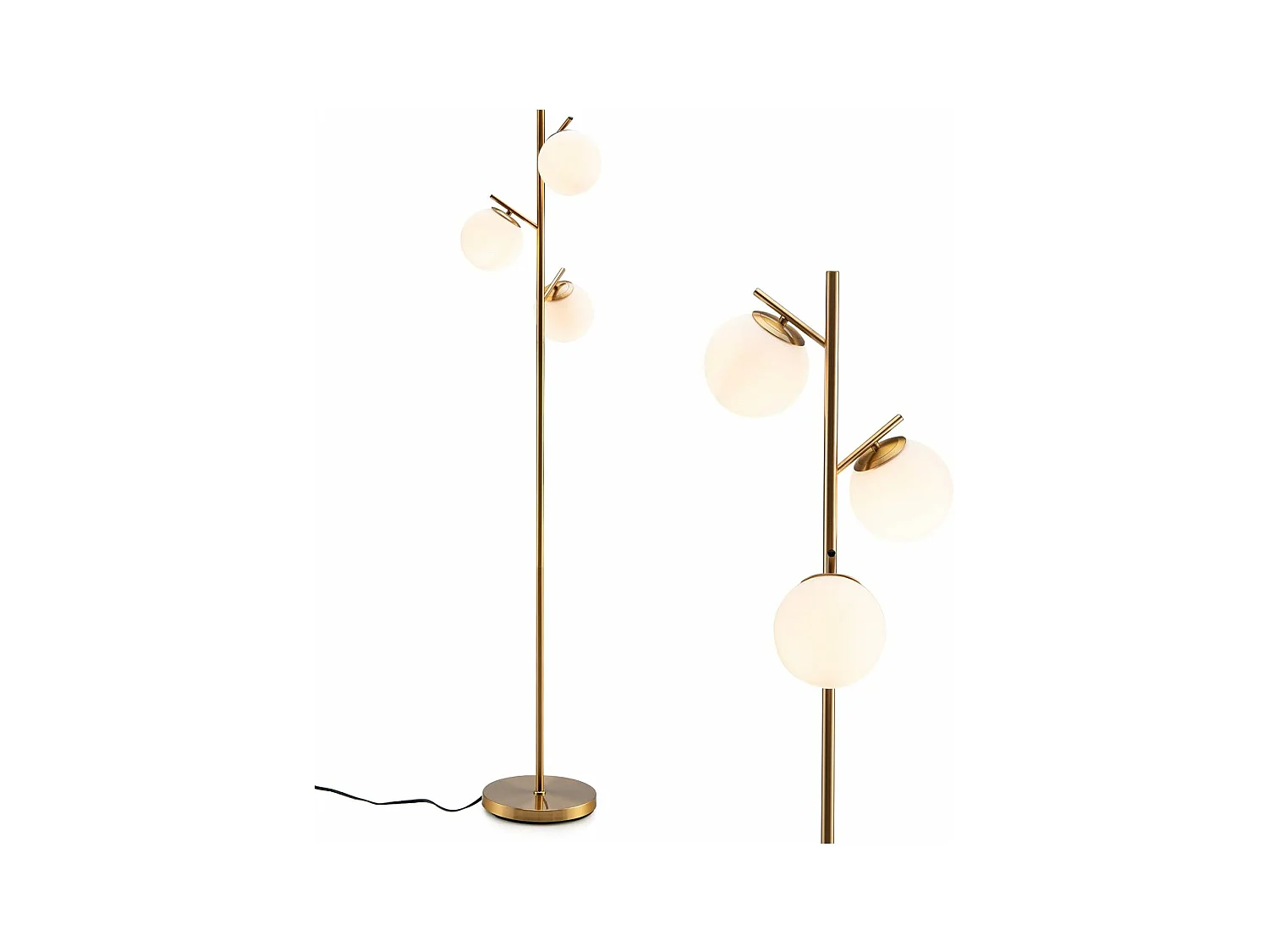 Lampadaire à 3 globes, lampe avec interrupteur à pied et poteau métallique, doré