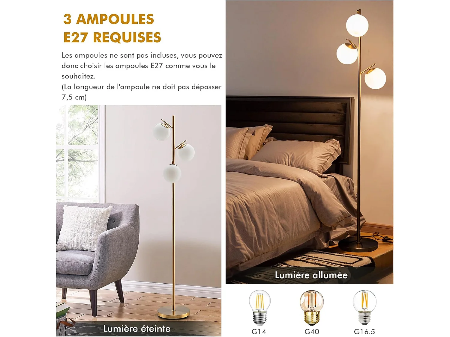 Lampadaire à 3 globes, lampe avec interrupteur à pied et poteau métallique, doré