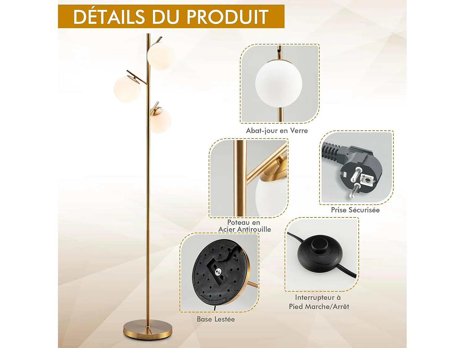 Lampadaire à 3 globes, lampe avec interrupteur à pied et poteau métallique, doré