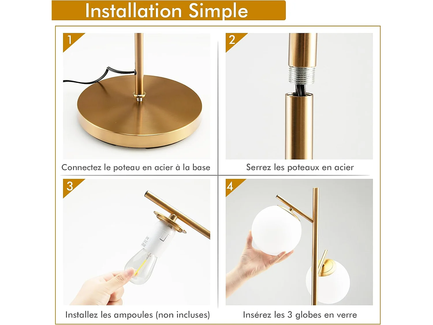 Lampadaire à 3 globes, lampe avec interrupteur à pied et poteau métallique, doré