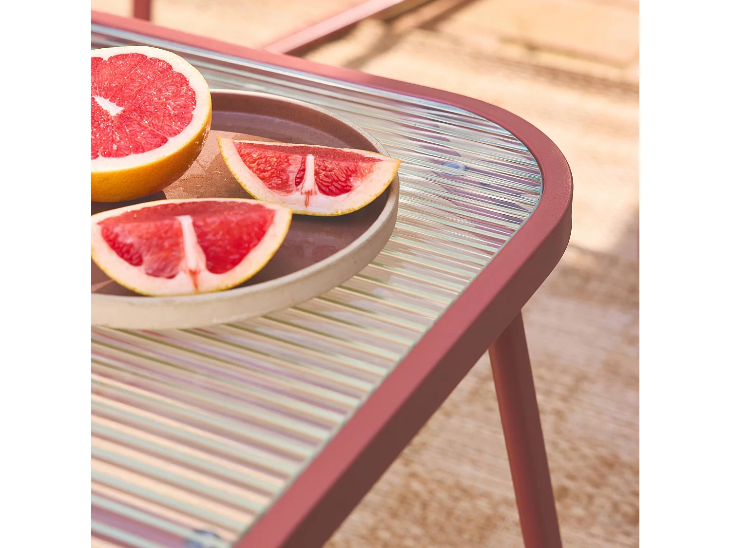 Salon de jardin terracotta NOTO acier. 4 places. un canapé. une table. deux fauteuils textilene