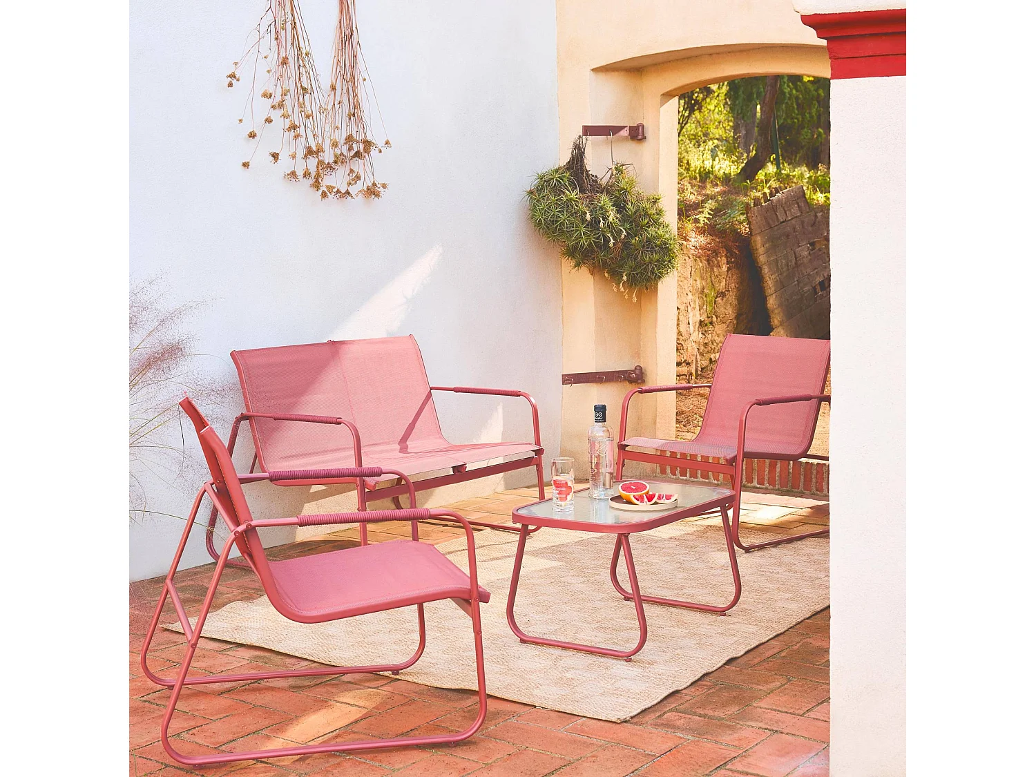 Salotto da giardino in acciaio, 4 posti, terracotta