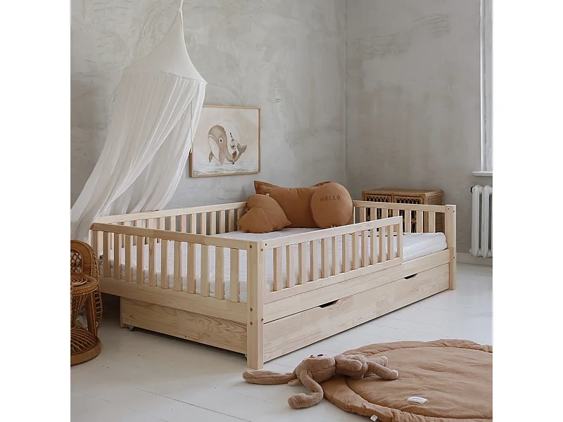 Letto a barriera 140x200 con rete e cassetto Agnès Bois