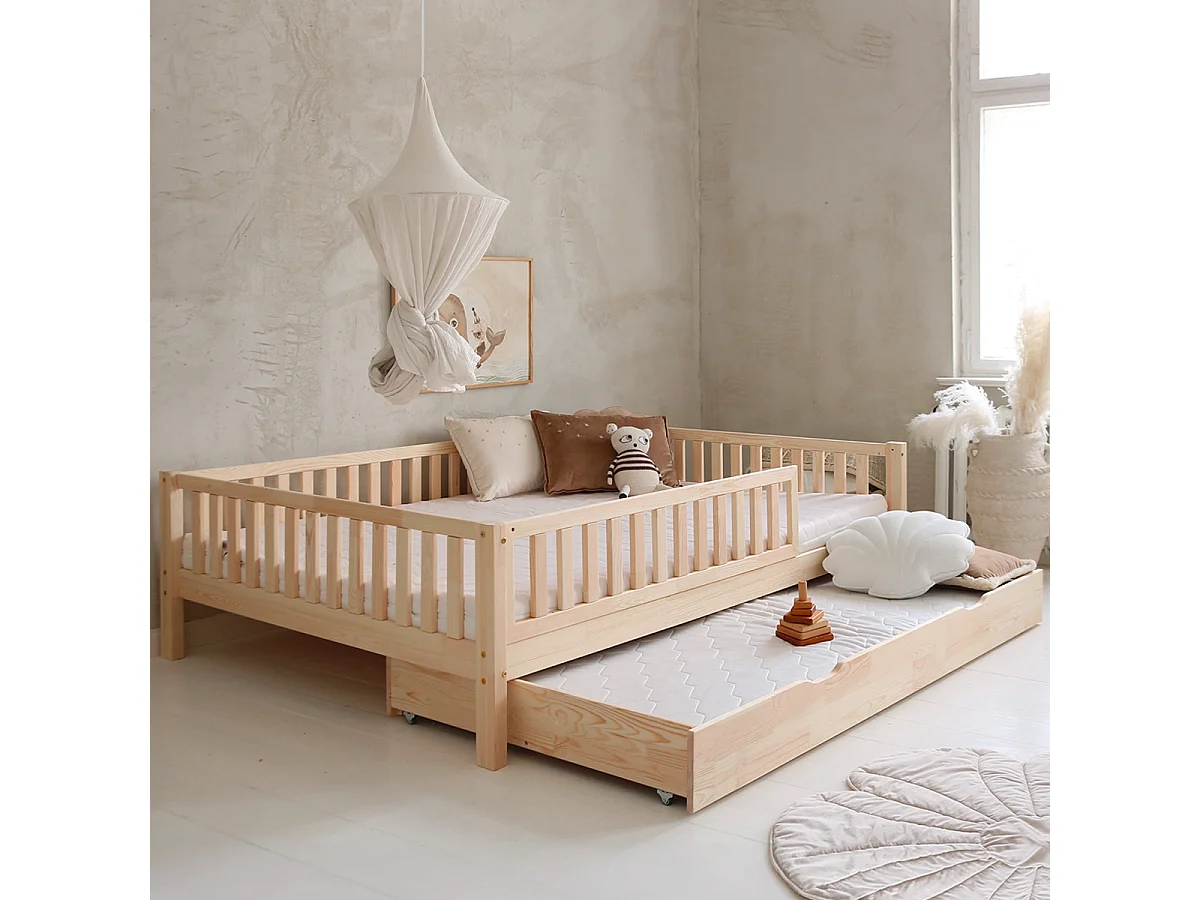 Cama de barreira 140x200 com estrado de molas e gaveta Agnès Bois