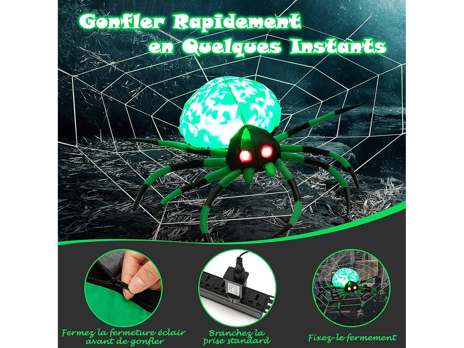 Décoration gonflable d’halloween, araignée aux yeux rouges avec toile d'araignée, avec lampe rotative et gonfleur intégré