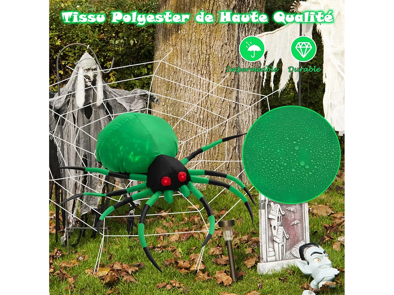Décoration gonflable d’halloween, araignée aux yeux rouges avec toile d'araignée, avec lampe rotative et gonfleur intégré
