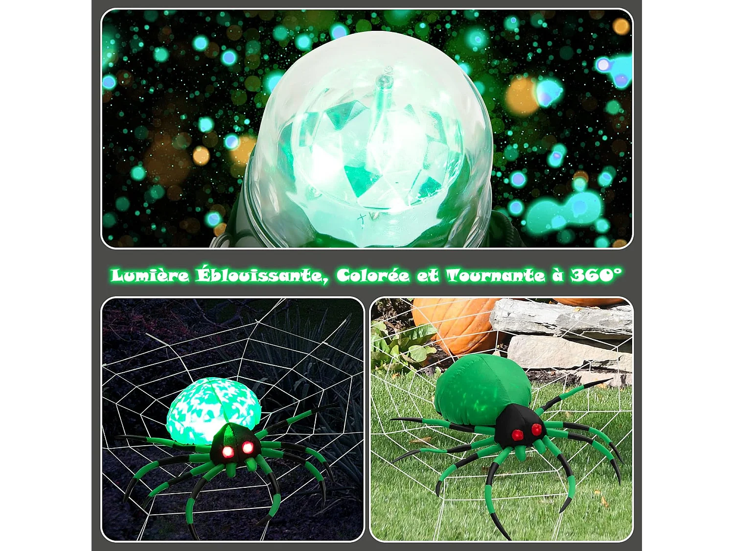 Décoration gonflable d’halloween, araignée aux yeux rouges avec toile d'araignée, avec lampe rotative et gonfleur intégré