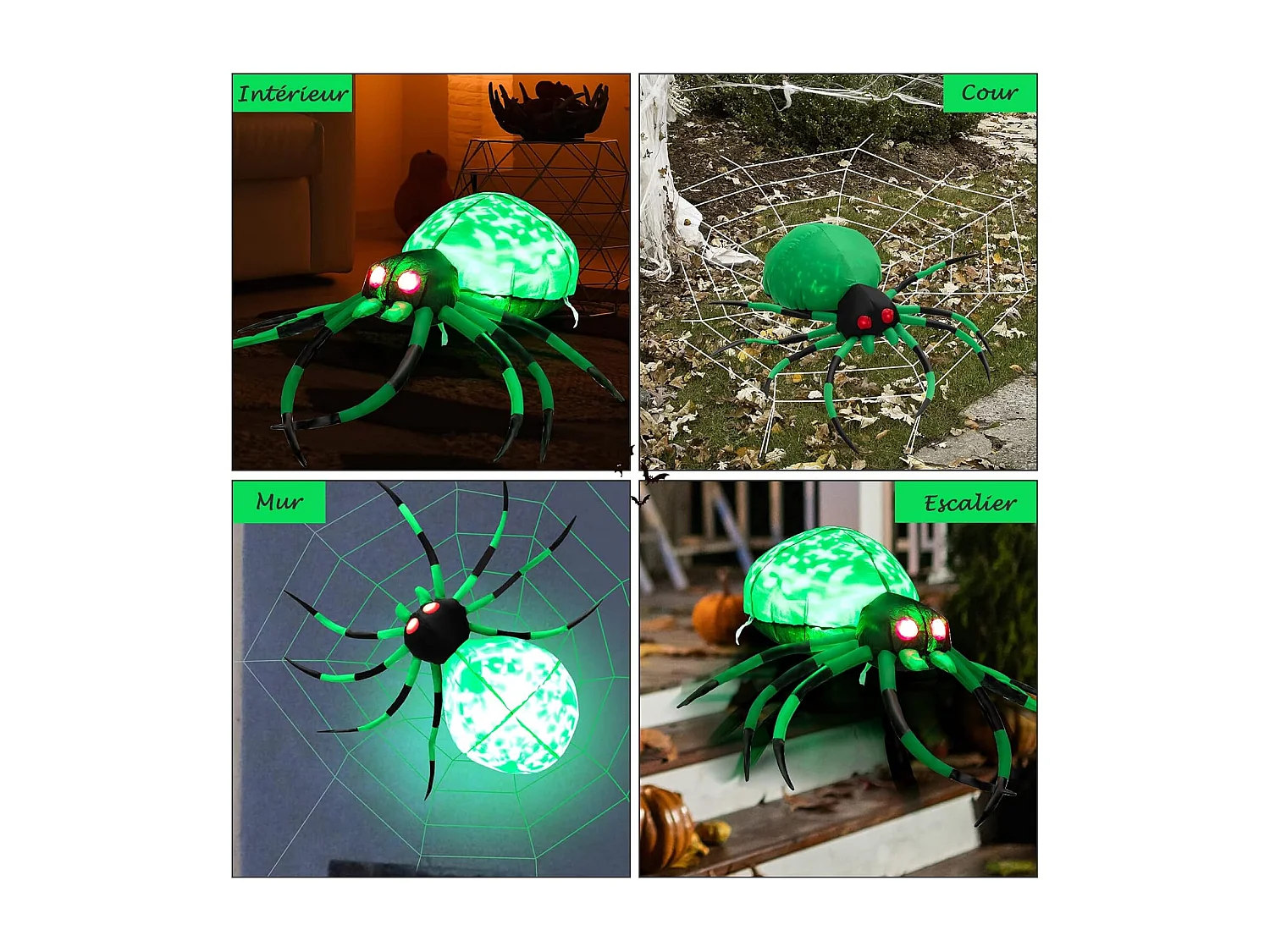 Décoration gonflable d’halloween, araignée aux yeux rouges avec toile d'araignée, avec lampe rotative et gonfleur intégré