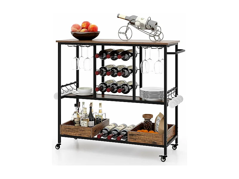 Chariot de bar 3 niveaux, desserte à roulettes, chariot à boissons (vintage brun)