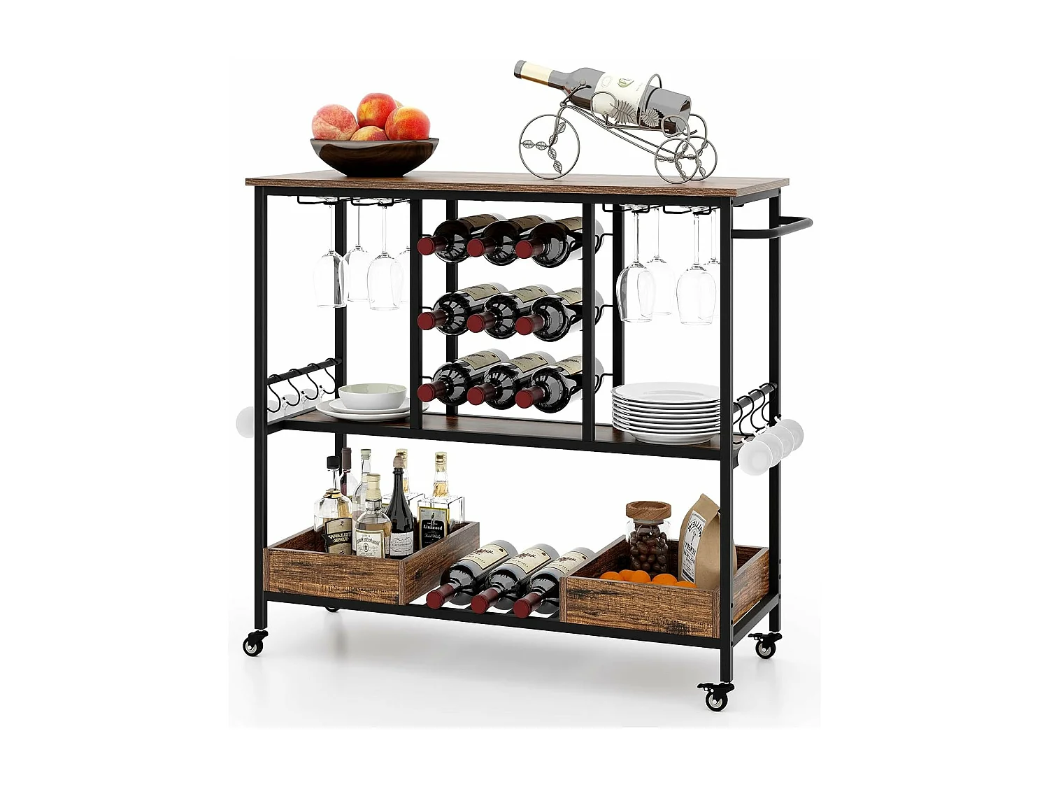 Chariot de bar 3 niveaux, desserte à roulettes, chariot à boissons (vintage brun)