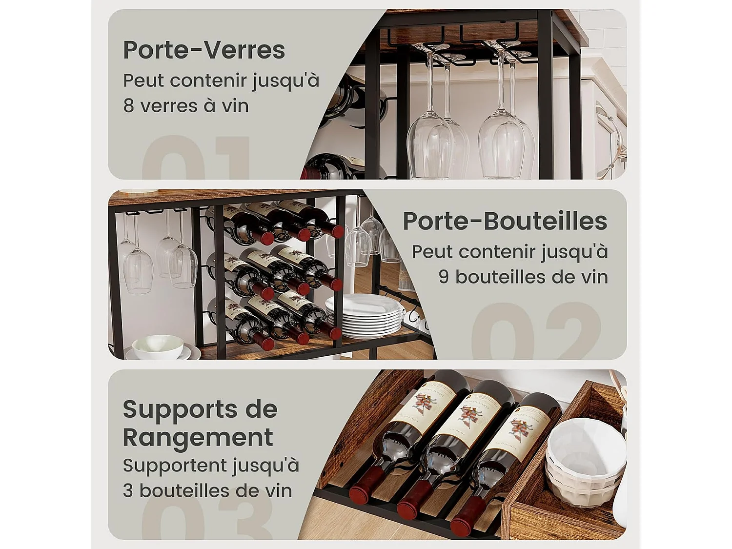 Chariot de bar 3 niveaux, desserte à roulettes, chariot à boissons (vintage brun)