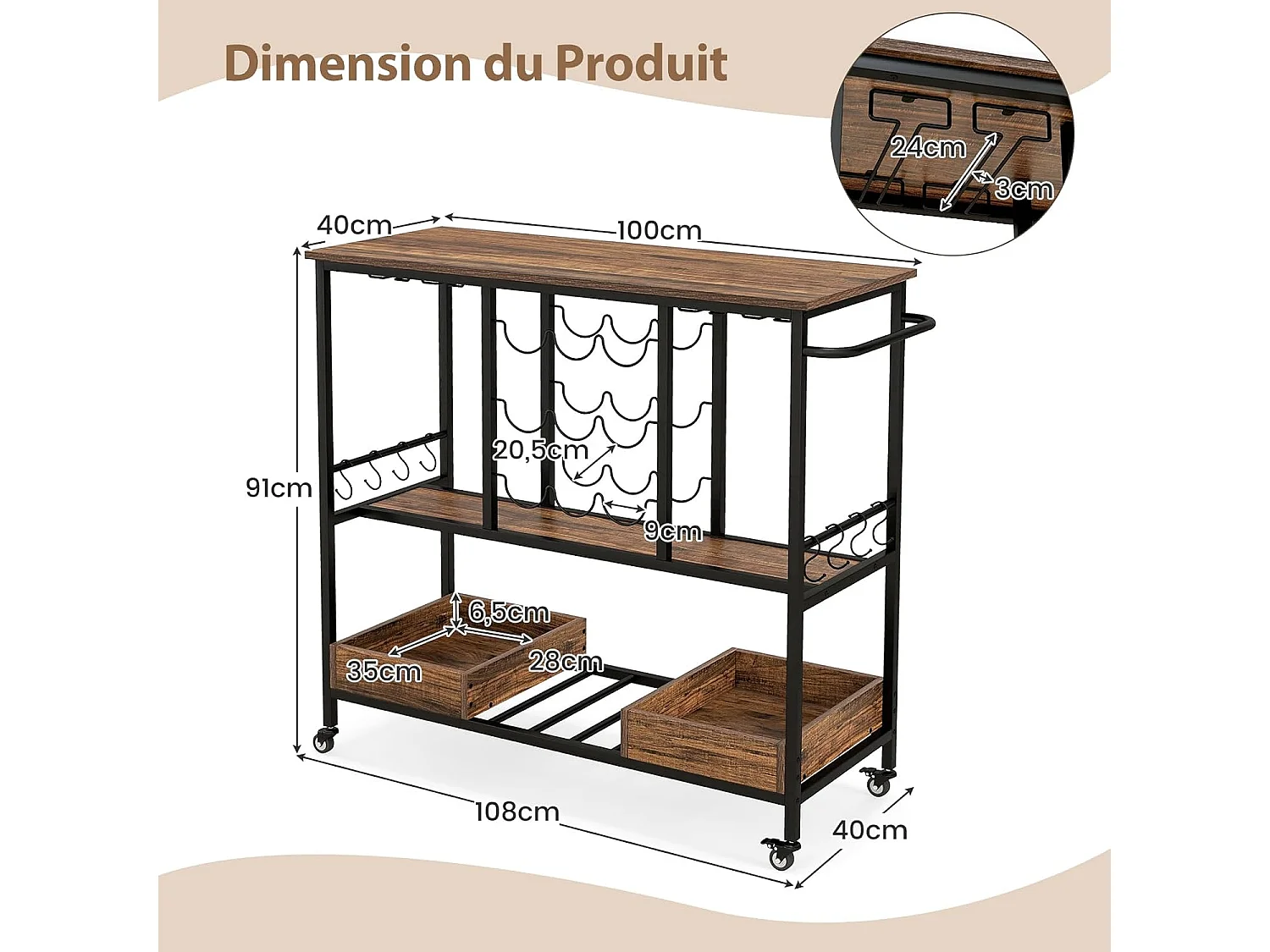 Chariot de bar 3 niveaux, desserte à roulettes, chariot à boissons (vintage brun)