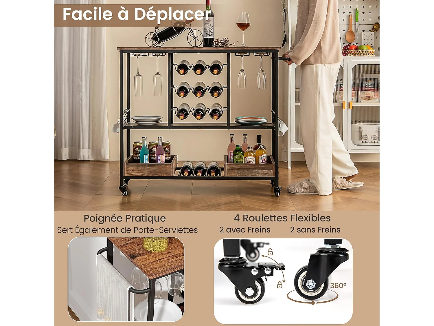 Chariot de bar 3 niveaux, desserte à roulettes, chariot à boissons (vintage brun)