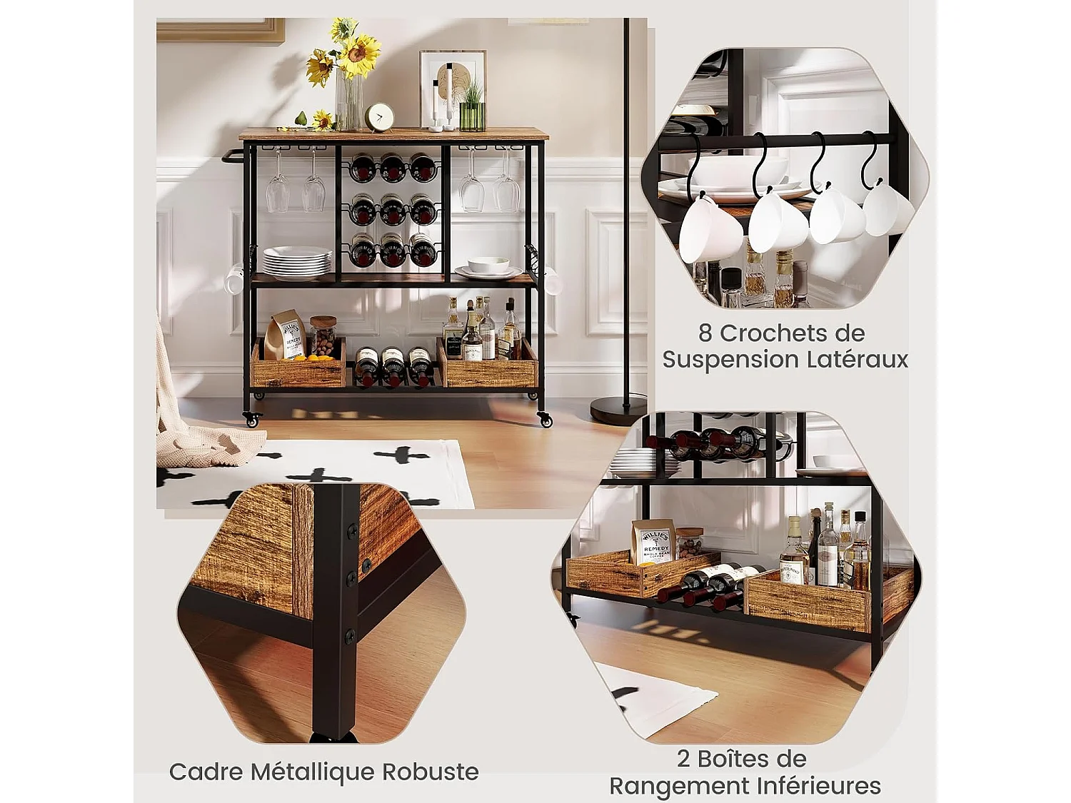 Chariot de bar 3 niveaux, desserte à roulettes, chariot à boissons (vintage brun)