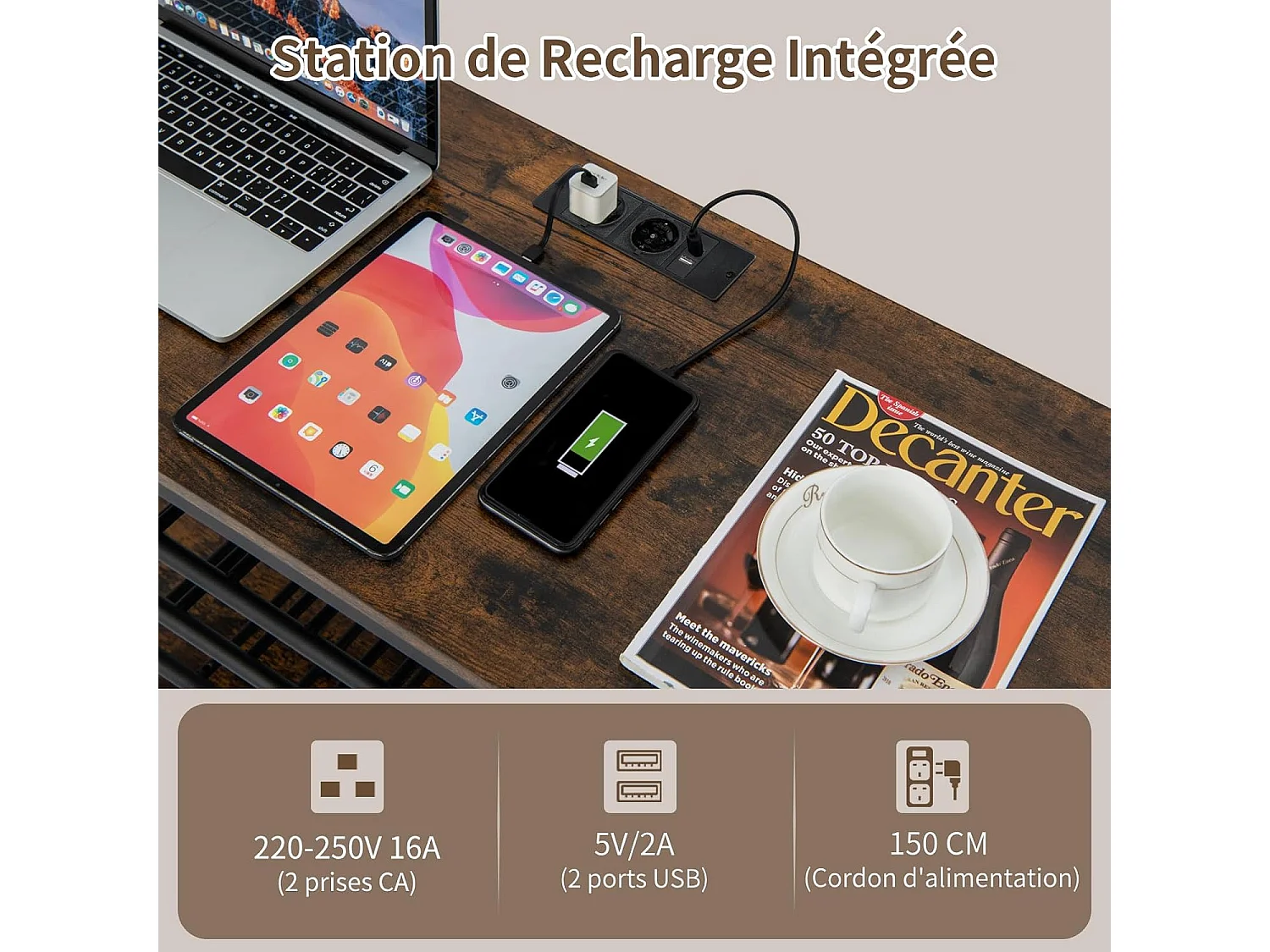 Bar à vin industriel, étagère à vin 21 bouteilles, supports en verre, marron rustique