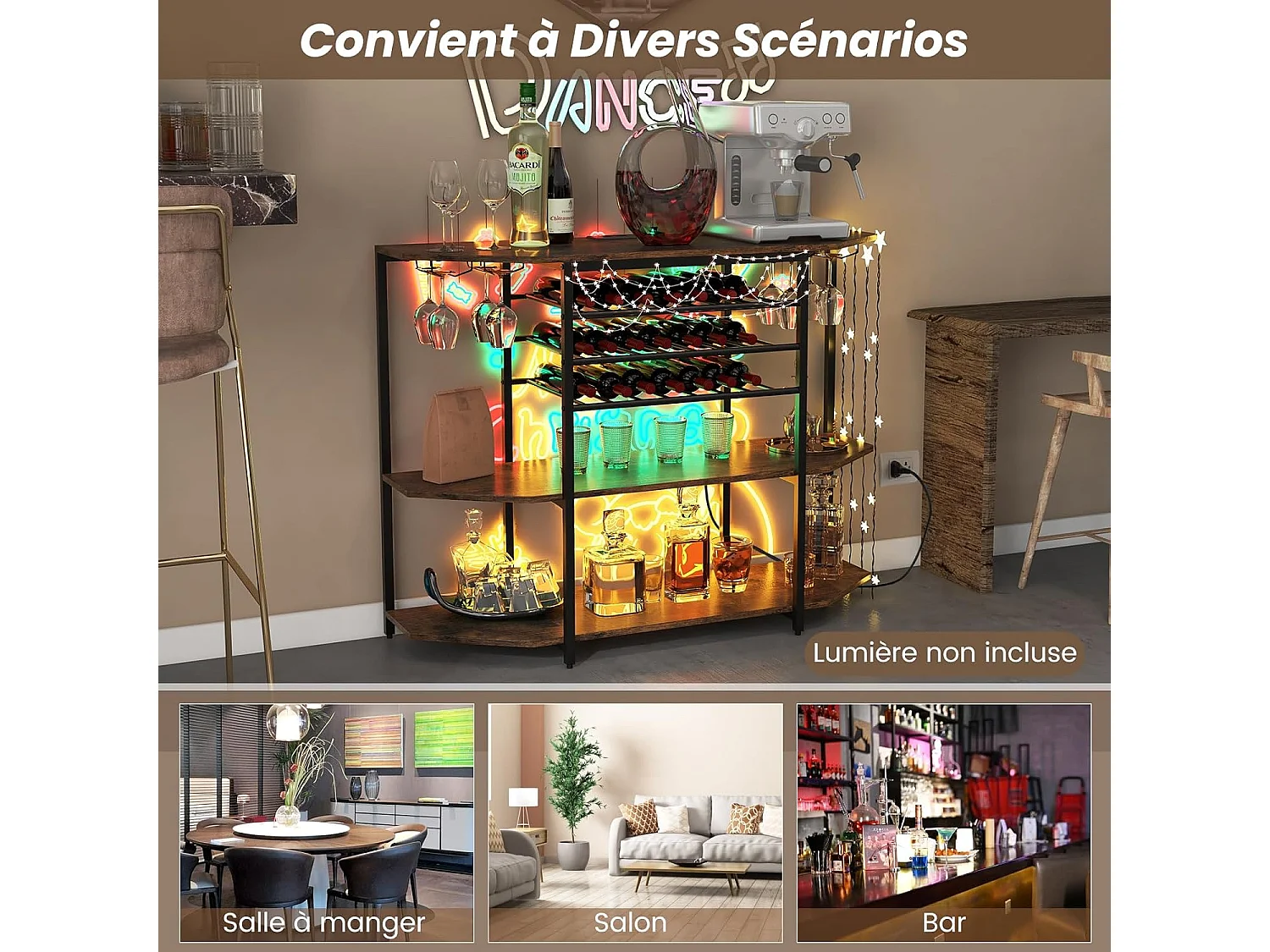 Bar à vin industriel, étagère à vin 21 bouteilles, supports en verre, marron rustique