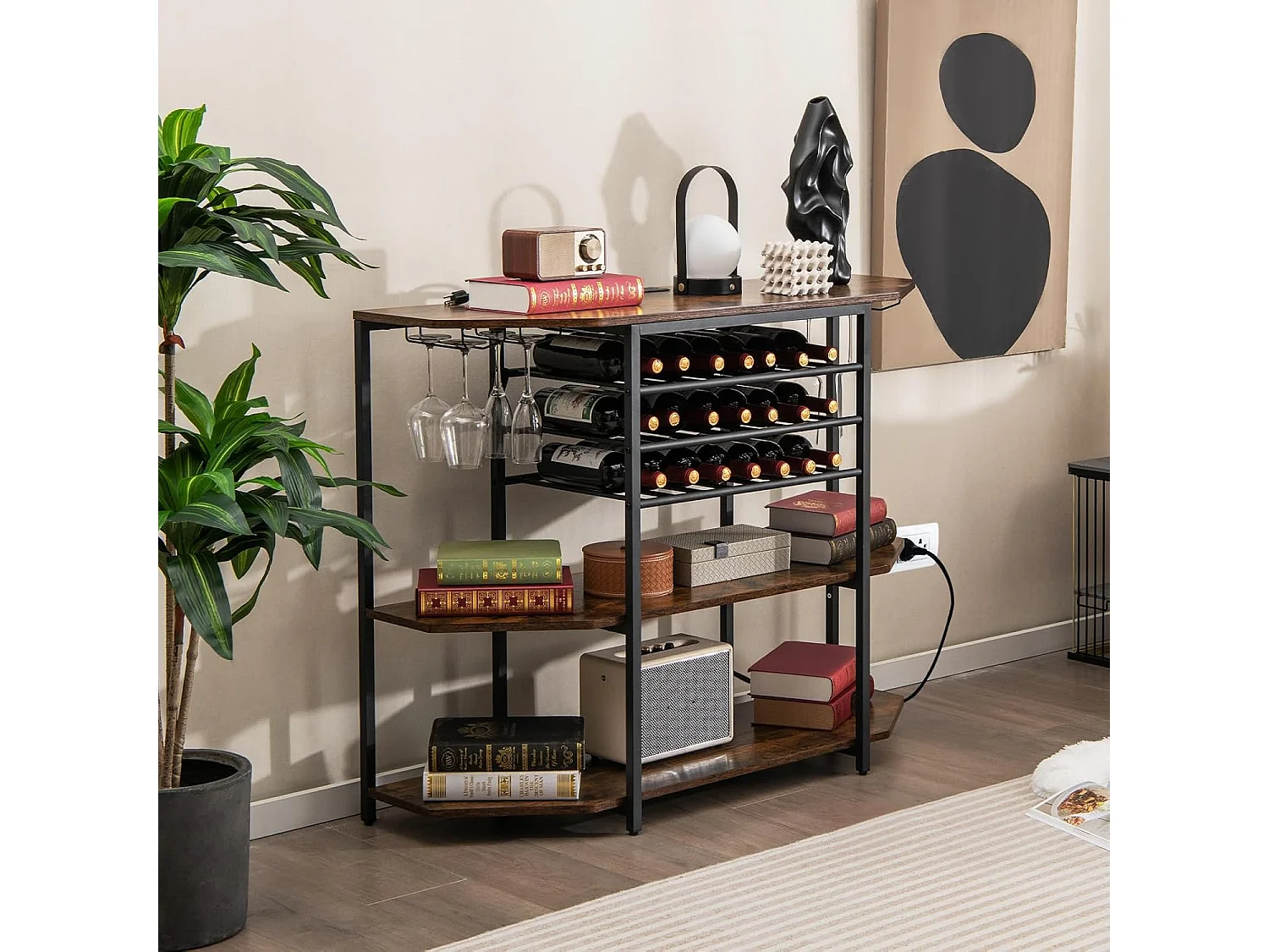 Bar à vin industriel, étagère à vin 21 bouteilles, supports en verre, marron rustique