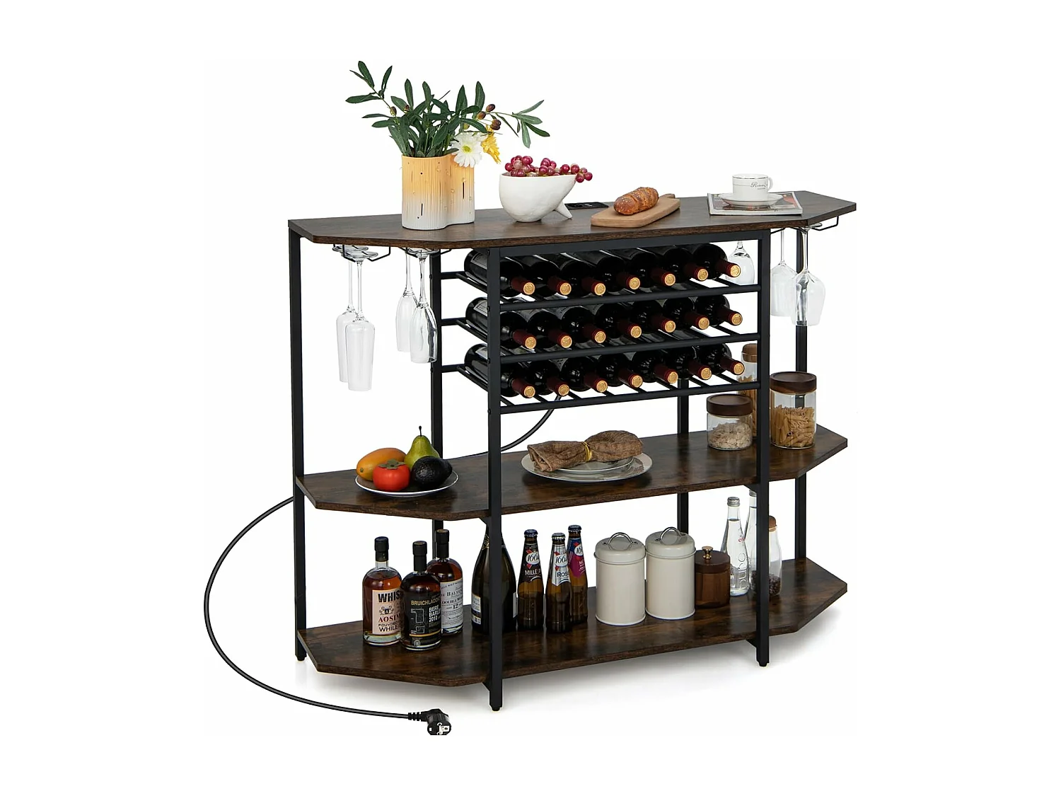 Bar à vin industriel, étagère à vin 21 bouteilles, supports en verre, marron rustique