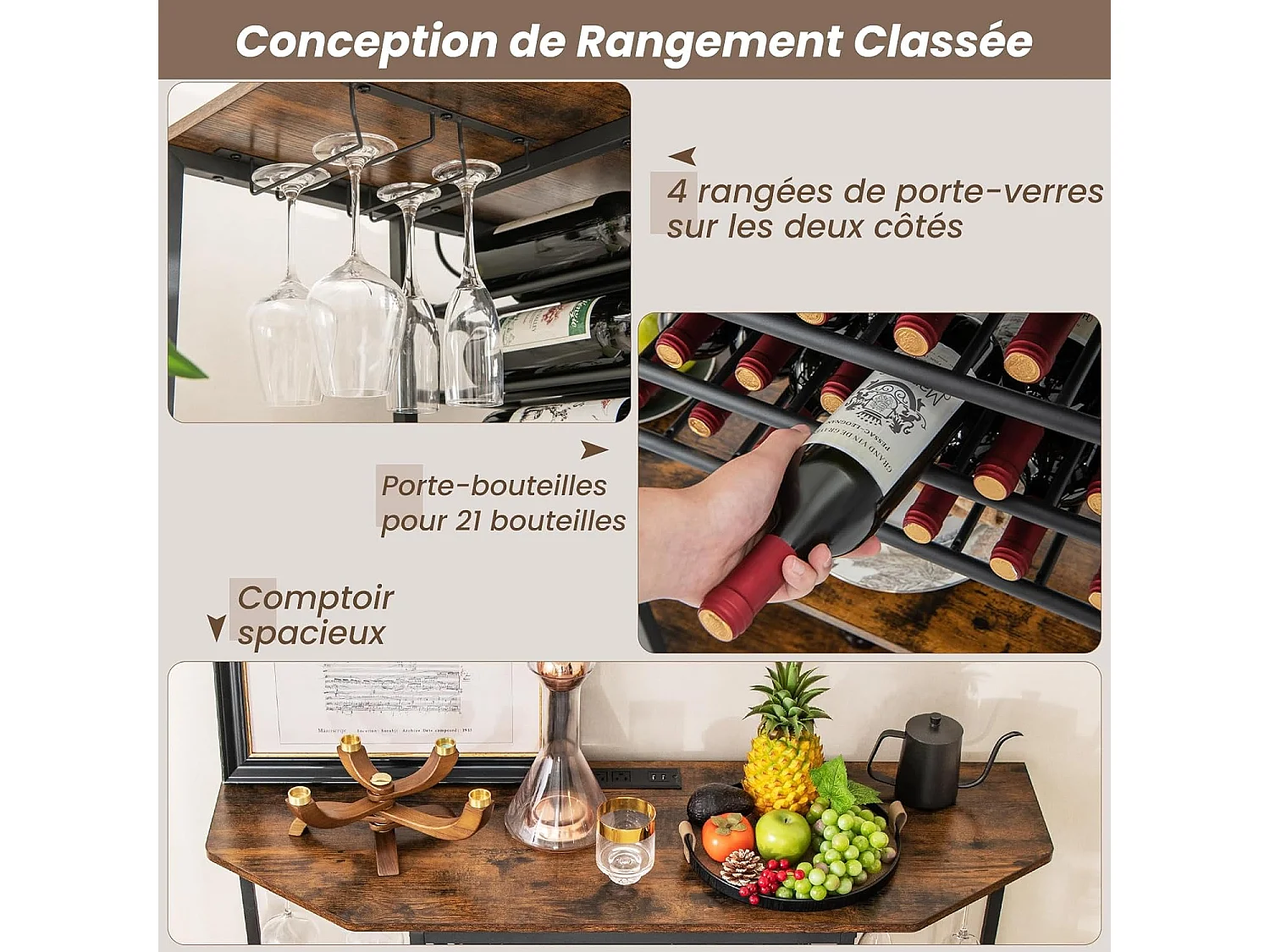 Bar à vin industriel, étagère à vin 21 bouteilles, supports en verre, marron rustique