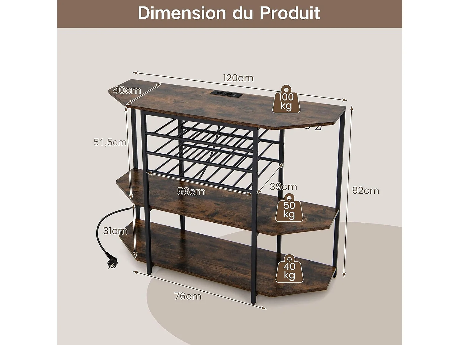 Bar à vin industriel, étagère à vin 21 bouteilles, supports en verre, marron rustique