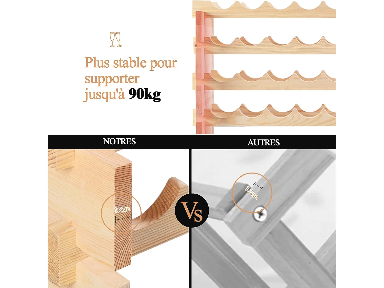 Range Bouteille en Bois pour 72 Bouteilles, Casier à Bouteilles avec 6 Étagères, Cave à Vin Modulable pour Cuisine, Bars, 119 X 29 X 71,5 cm, Naturel