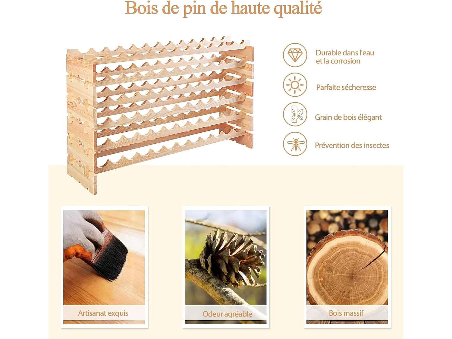 Range Bouteille en Bois pour 72 Bouteilles, Casier à Bouteilles avec 6 Étagères, Cave à Vin Modulable pour Cuisine, Bars, 119 X 29 X 71,5 cm, Naturel