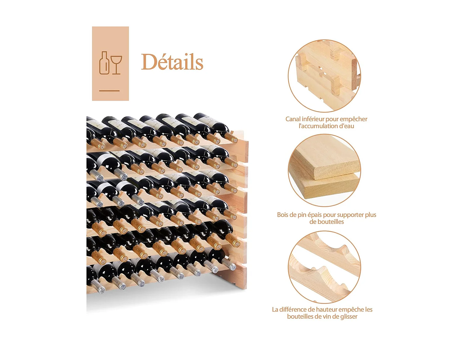 Range Bouteille en Bois pour 72 Bouteilles, Casier à Bouteilles avec 6 Étagères, Cave à Vin Modulable pour Cuisine, Bars, 119 X 29 X 71,5 cm, Naturel