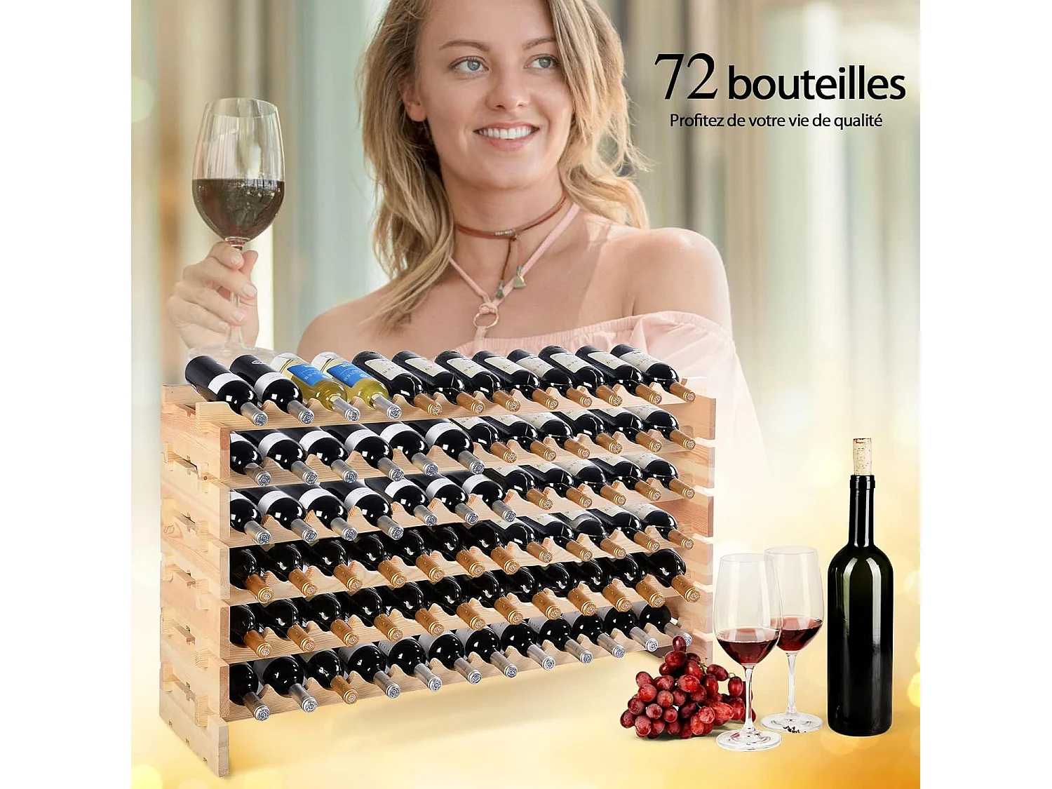 Range Bouteille en Bois pour 72 Bouteilles, Casier à Bouteilles avec 6 Étagères, Cave à Vin Modulable pour Cuisine, Bars, 119 X 29 X 71,5 cm, Naturel
