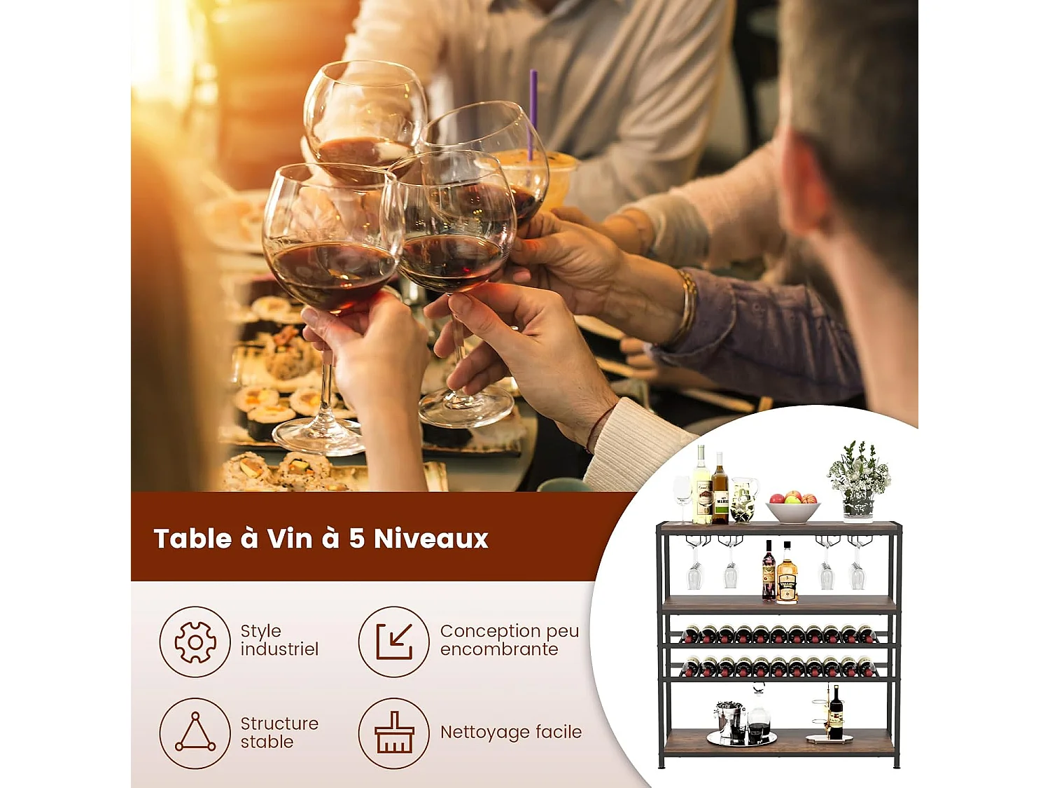 Étagère à vin 22 bouteilles, 2 casiers à vin et 4 porte-verres, marron rustique