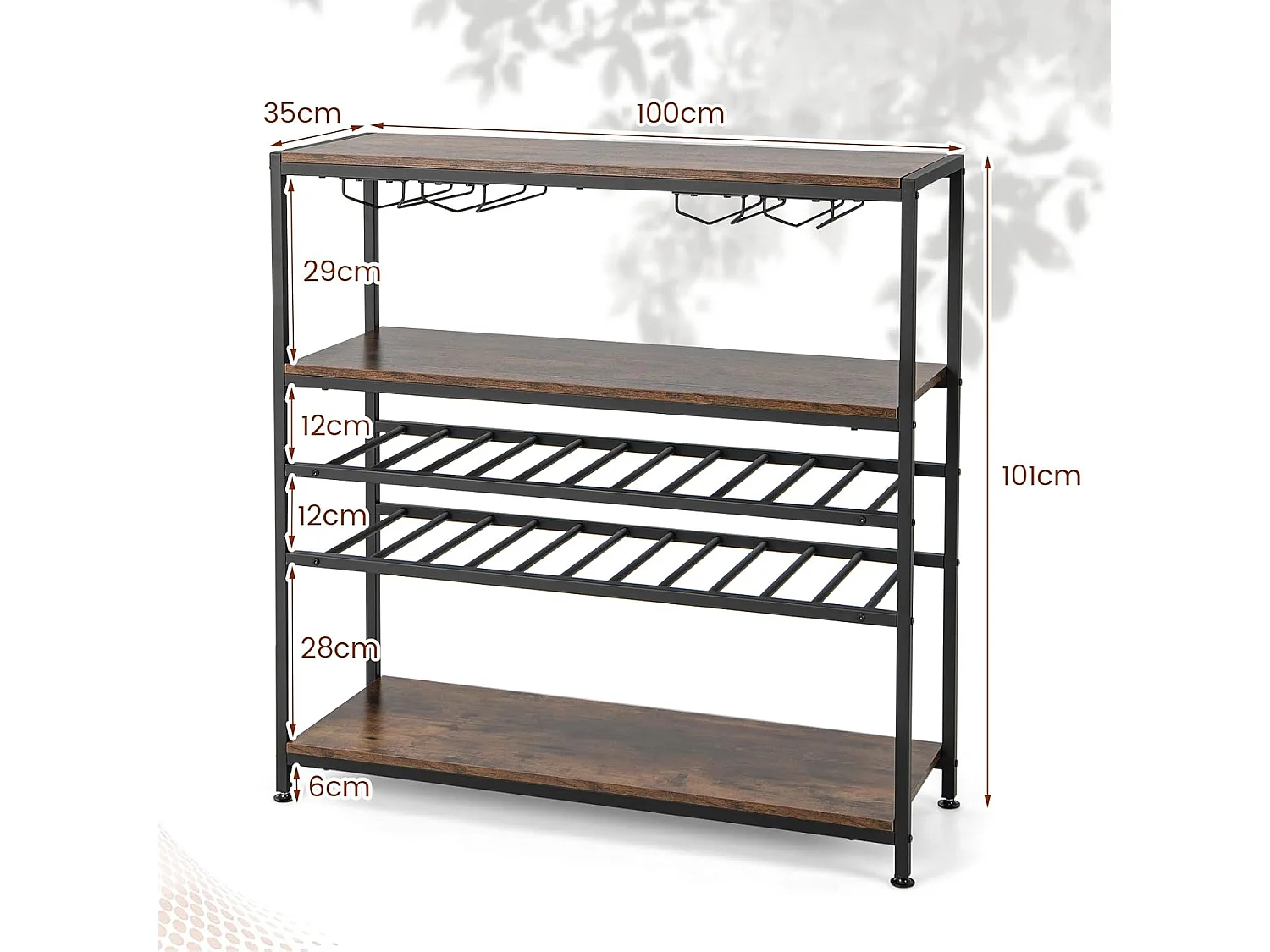 Étagère à vin 22 bouteilles, 2 casiers à vin et 4 porte-verres, marron rustique