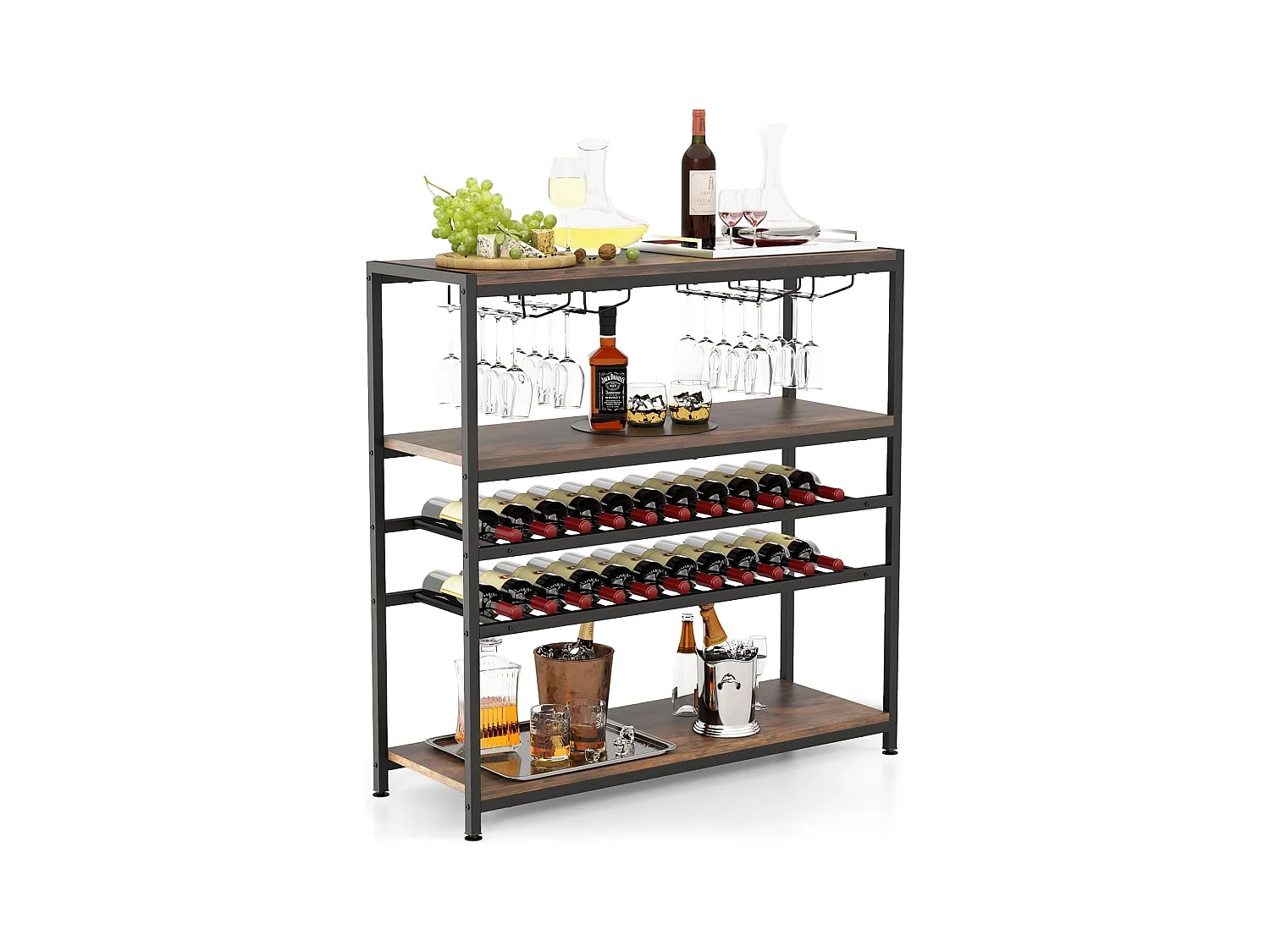Étagère à vin 22 bouteilles, 2 casiers à vin et 4 porte-verres, marron rustique