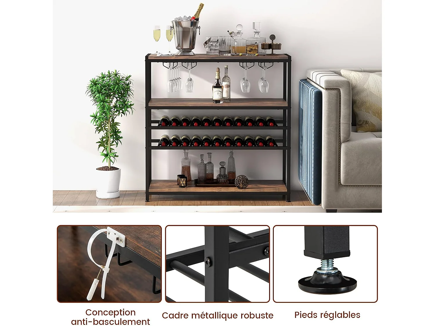 Étagère à vin 22 bouteilles, 2 casiers à vin et 4 porte-verres, marron rustique