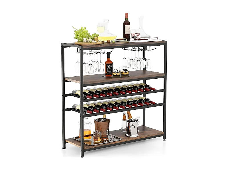 Étagère à vin 22 bouteilles, 2 casiers à vin et 4 porte-verres, marron rustique