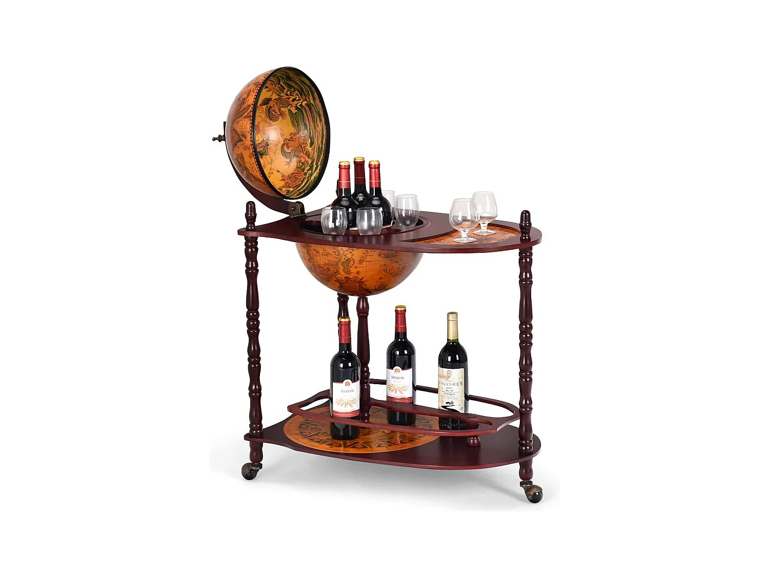 Bar globe terrestre vintage mappe monde en bois d'eucalyptus avec roulette