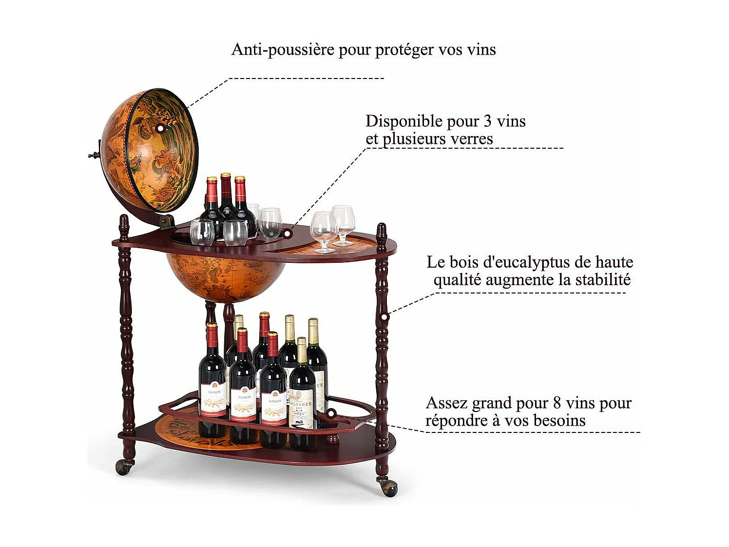 Bar globe terrestre vintage mappe monde en bois d'eucalyptus avec roulette