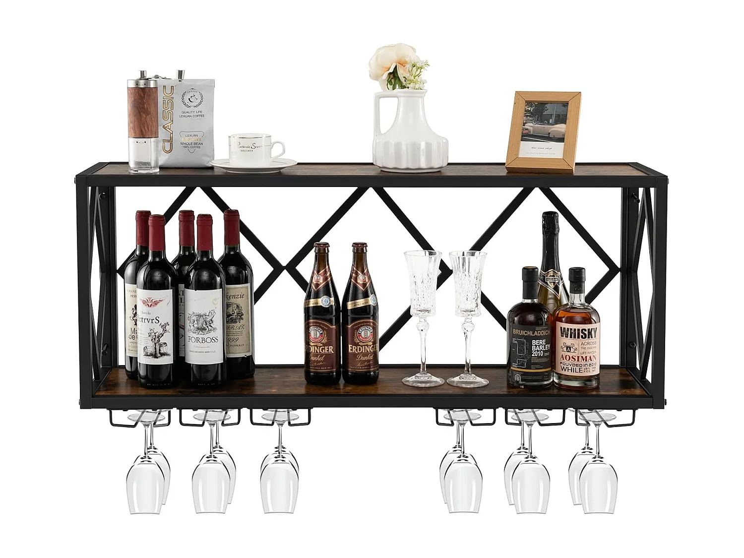 Porte-bouteilles mural industriel, étagère de rangement avec porte-bouteilles 2 niveaux