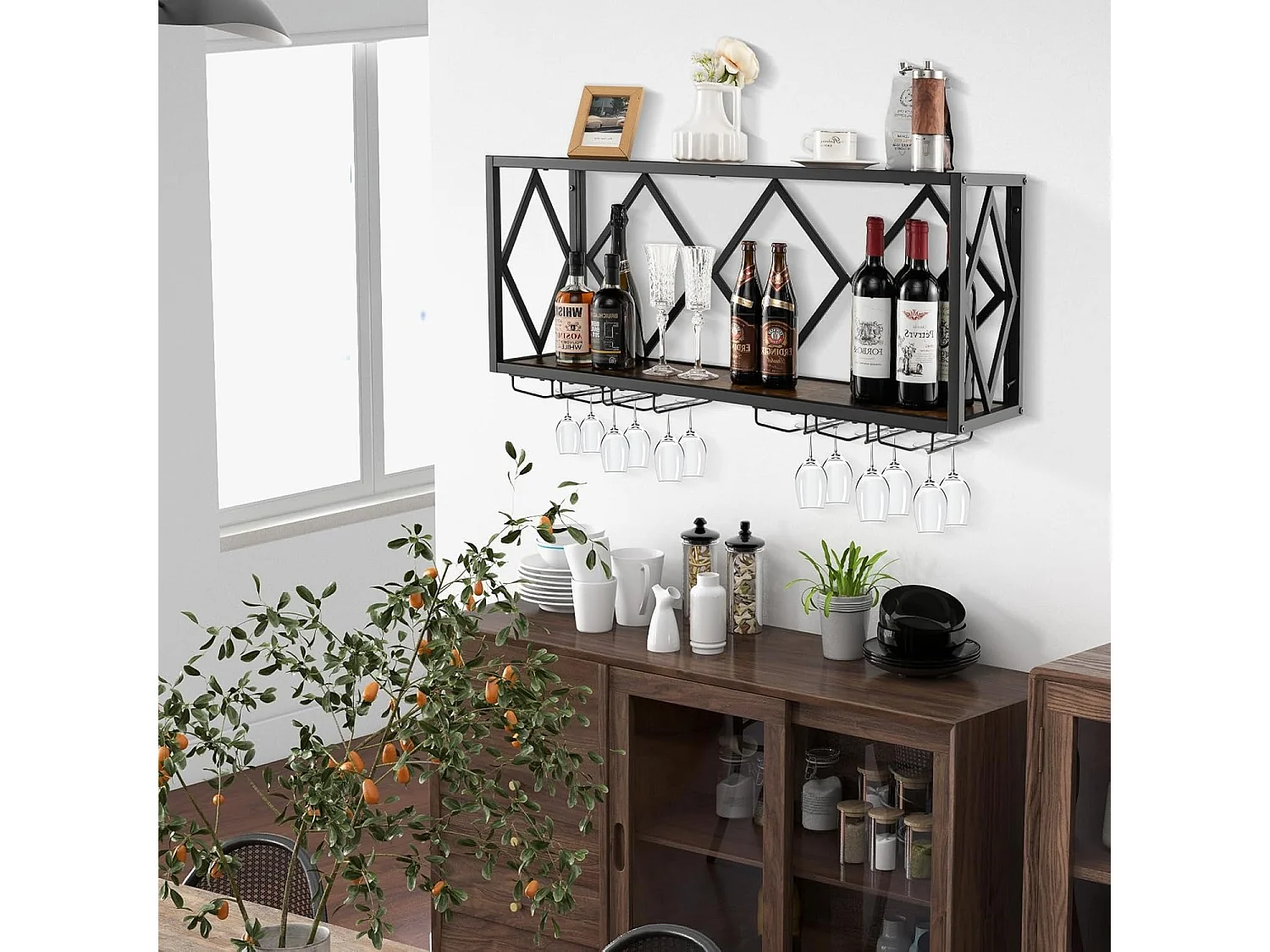 Porte-bouteilles mural industriel, étagère de rangement avec porte-bouteilles 2 niveaux