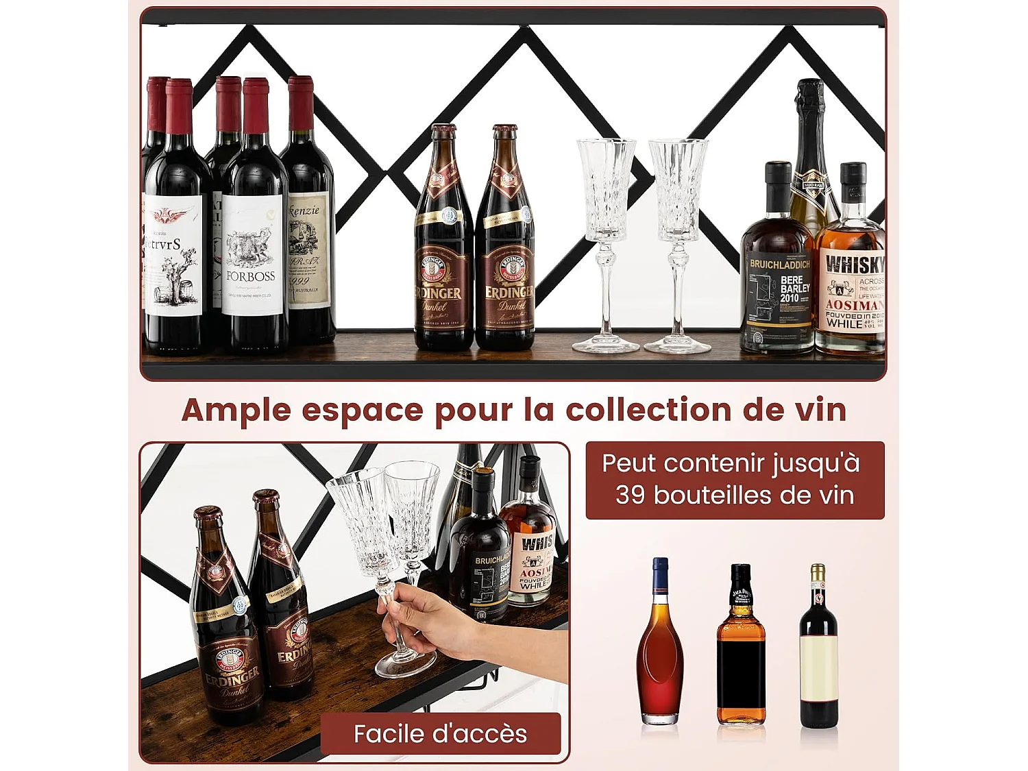 Porte-bouteilles mural industriel, étagère de rangement avec porte-bouteilles 2 niveaux