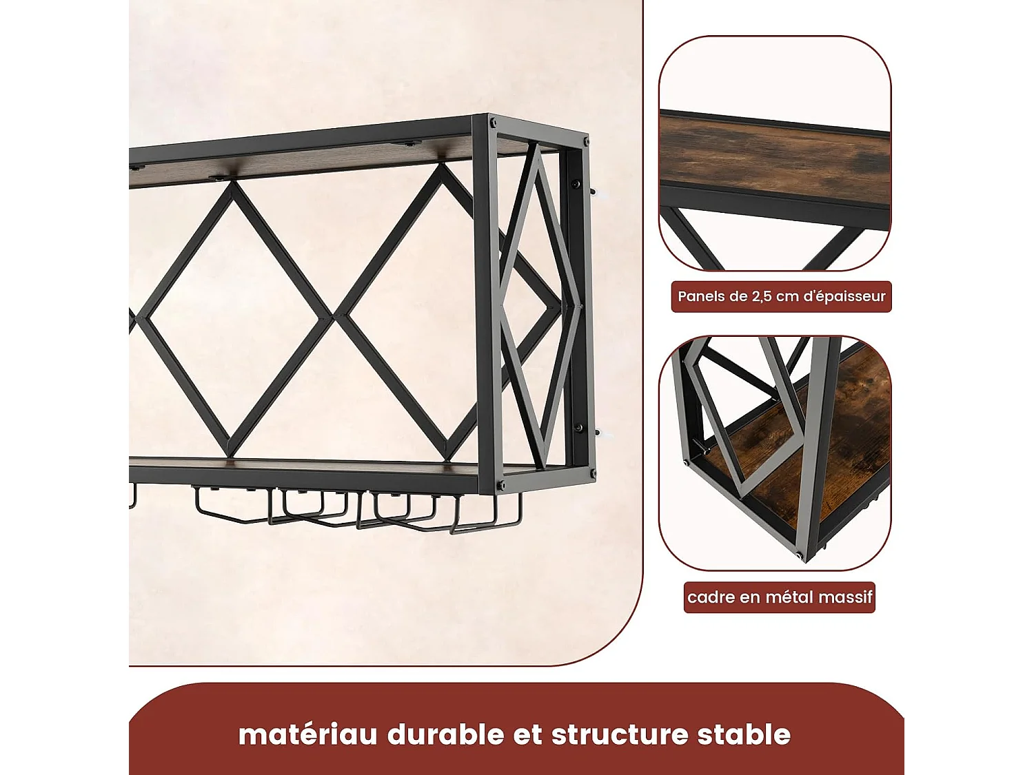 Porte-bouteilles mural industriel, étagère de rangement avec porte-bouteilles 2 niveaux