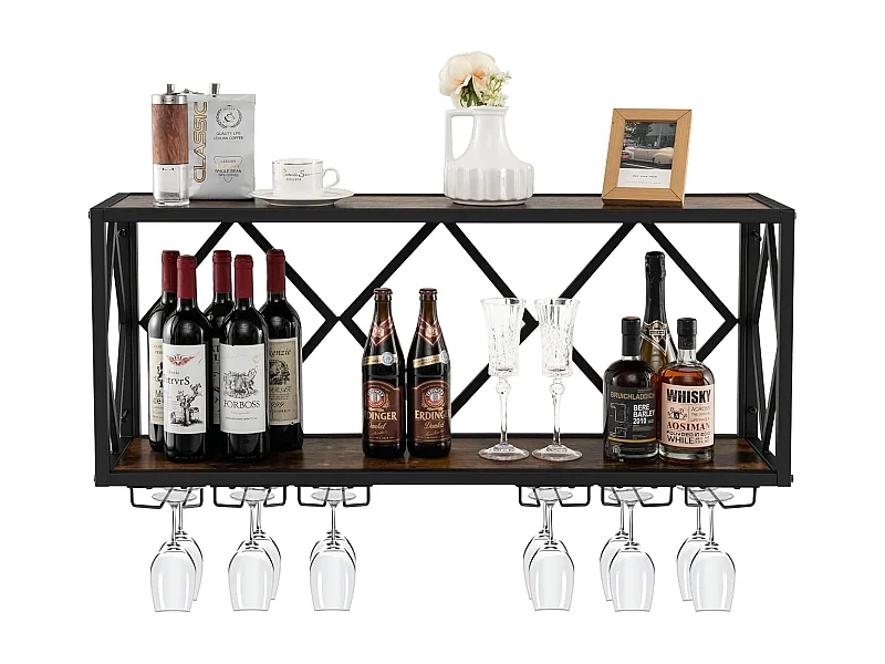 Porte-bouteilles mural industriel, étagère de rangement avec porte-bouteilles 2 niveaux