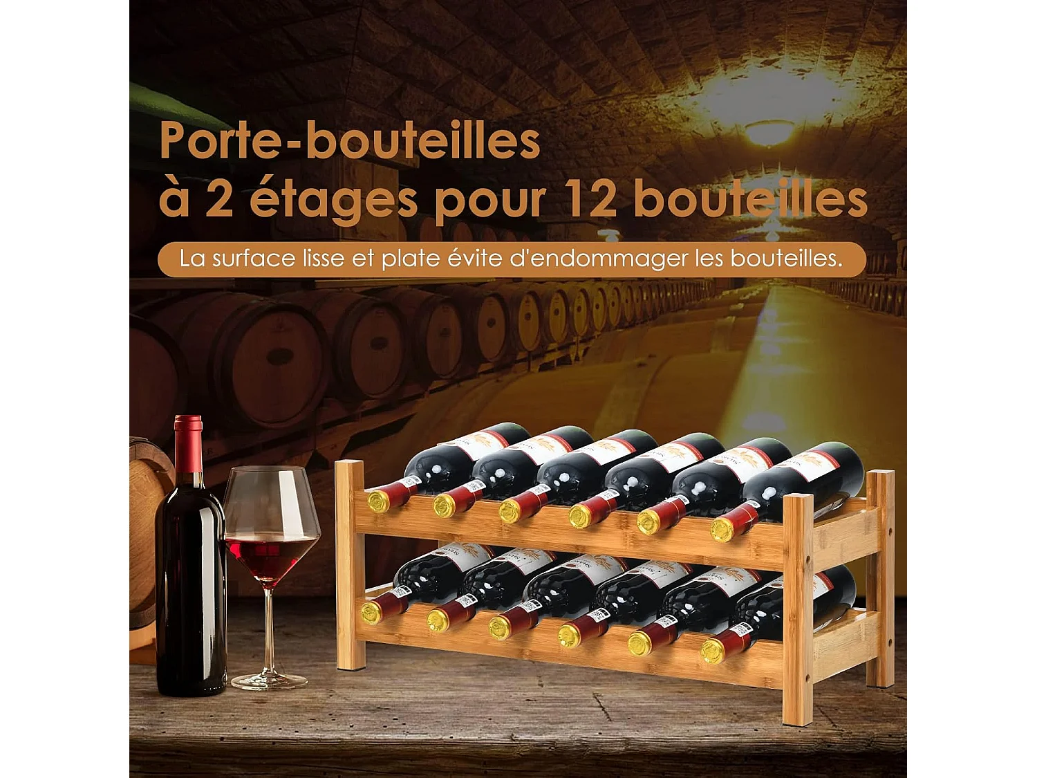 Casier à vin de 12 bouteilles, stockage du vin en bambou à 2 niveaux, 62x24x25 cm