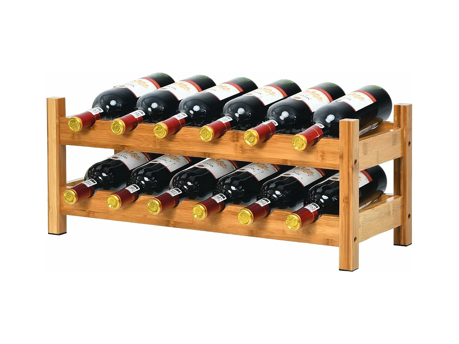 Casier à vin de 12 bouteilles, stockage du vin en bambou à 2 niveaux, 62x24x25 cm