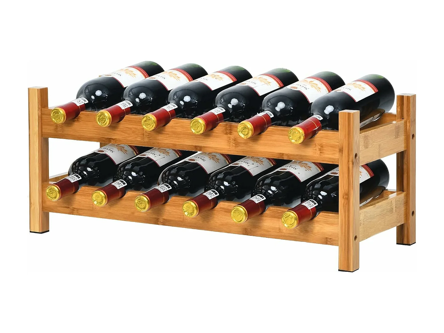 Casier à vin de 12 bouteilles, stockage du vin en bambou à 2 niveaux, 62x24x25 cm