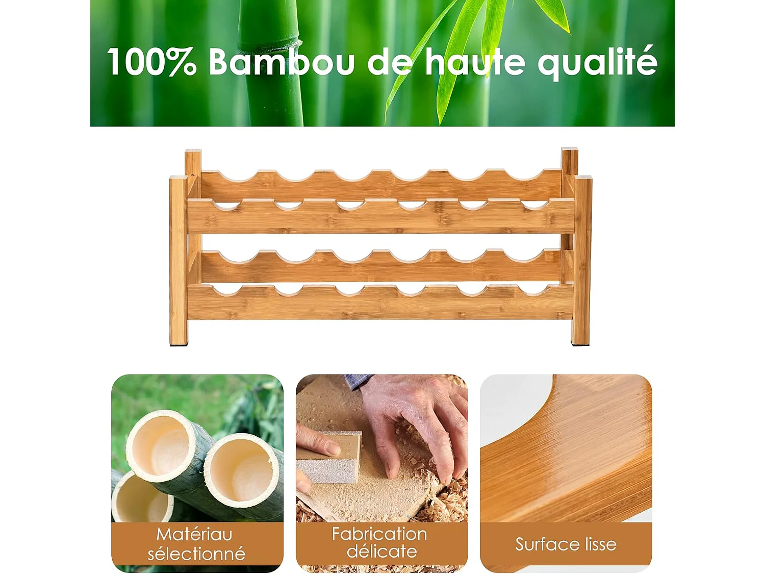 Casier à vin de 12 bouteilles, stockage du vin en bambou à 2 niveaux, 62x24x25 cm